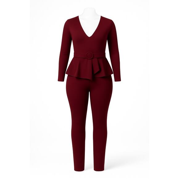 GIBIU Wine Burgundy Peplum Belted Jumpsuit – 1X (Junior Plus 12–14) - Picture 3 of 3